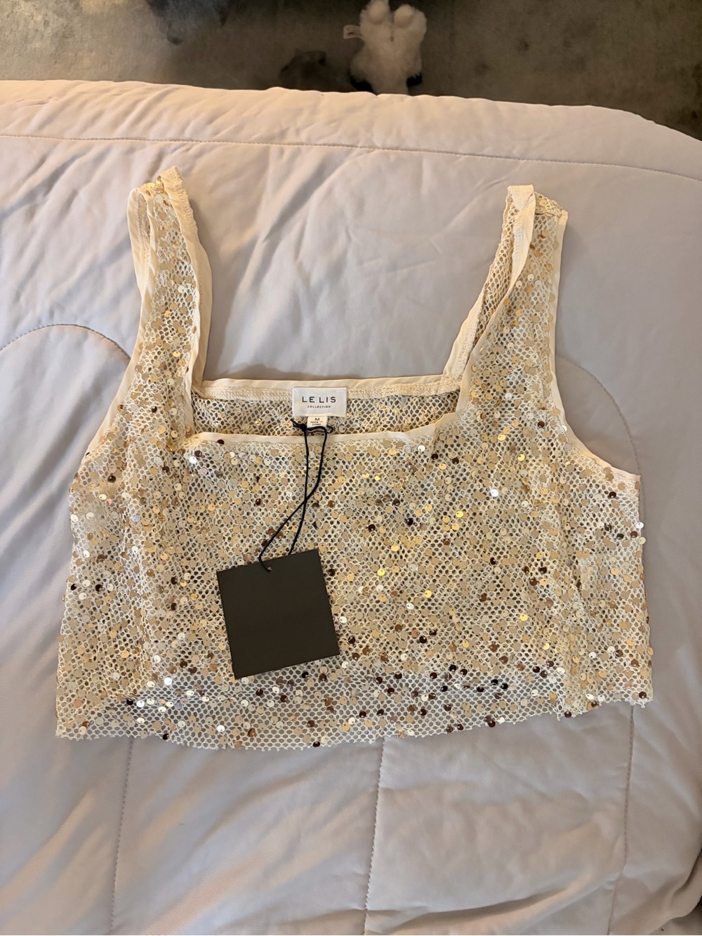 Le Lis Cream Sequin Mesh Crop Top & Skirt